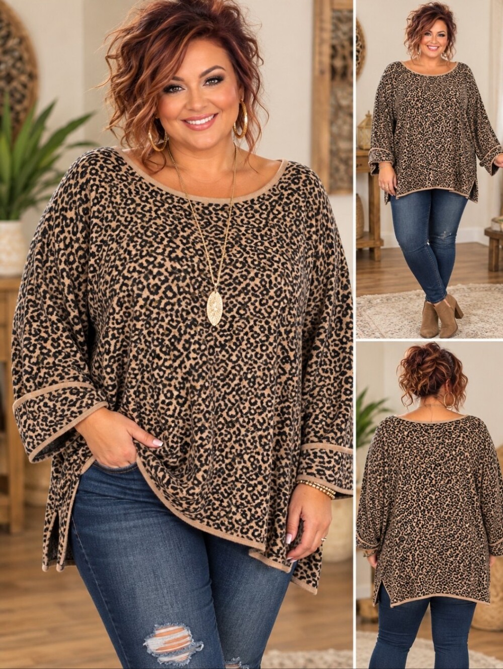 Tahari Plus Size Leopard Print Tunic Sweater Top - Tan/Black